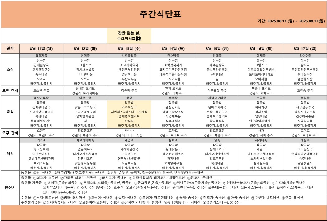 2025.08.11.~2025.08.17. 주간식단표.jpg 이미지입니다.
